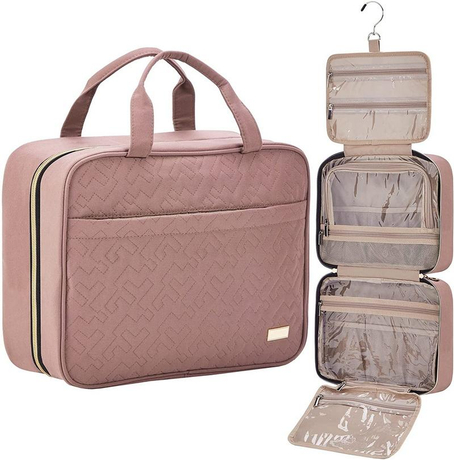 Розовая дорожная сумка для макияжа с логотипом на заказ, водонепроницаемые сумки для туалетных принадлежностей, большой емкости, косметический органайзер, держатель для макияжа с подвесным крючком